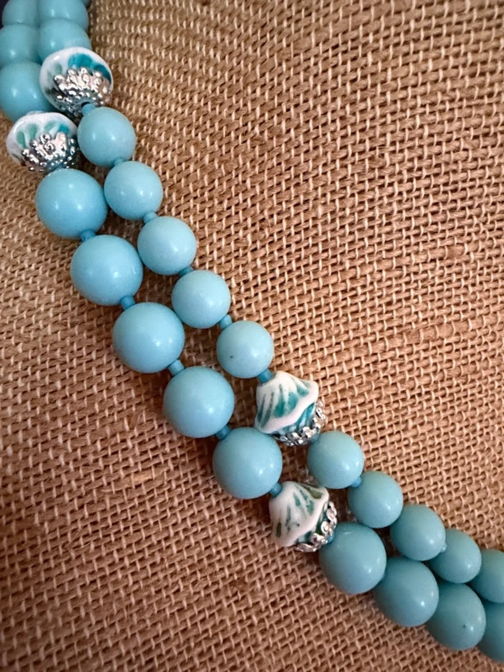 VTG Blue Bead Necklace and Clip-On Earrings Set